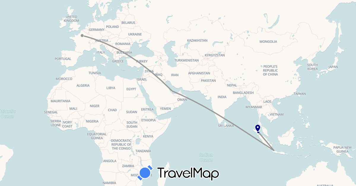 TravelMap itinerary: driving, plane in France, Indonesia, Qatar (Asia, Europe)
